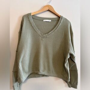 Altar’d State Waffle Knit Women’s Olive V Neck Sweatshirt Size XL